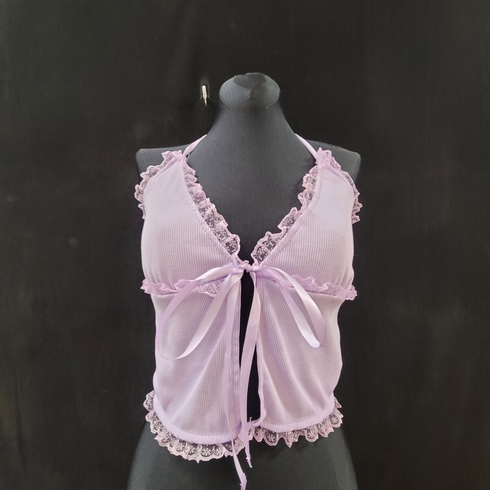 Frilly Fairy Crop Top Size S Purple Pastel Y2K Bratz Festival Rave Bow Lace Trim